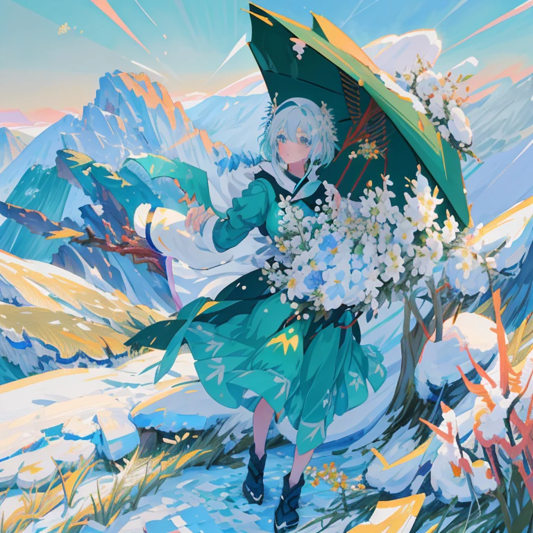 anime girl in green dress with flowers in snow field, with frozen flowers around her, girl of the alps, guweiz, inspired by Ma Yuanyu, guweiz on pixiv artstation, in the snow mountains, guweiz on artstation pixiv, artwork in the style of guweiz, gentle snow, loli in dress