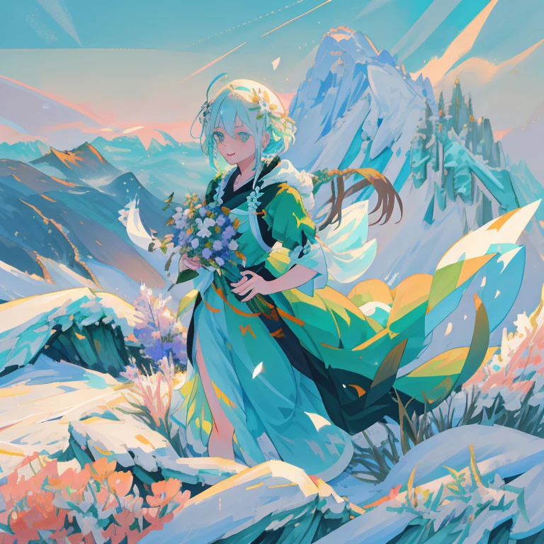 anime girl in green dress with flowers in snow field, with frozen flowers around her, girl of the alps, guweiz, inspired by Ma Yuanyu, guweiz on pixiv artstation, in the snow mountains, guweiz on artstation pixiv, artwork in the style of guweiz, gentle snow, loli in dress