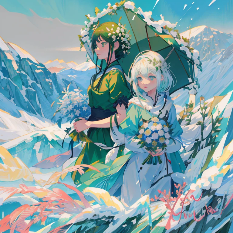 anime girl in green dress with flowers in snow field, with frozen flowers around her, girl of the alps, guweiz, inspired by Ma Yuanyu, guweiz on pixiv artstation, in the snow mountains, guweiz on artstation pixiv, artwork in the style of guweiz, gentle snow, loli in dress