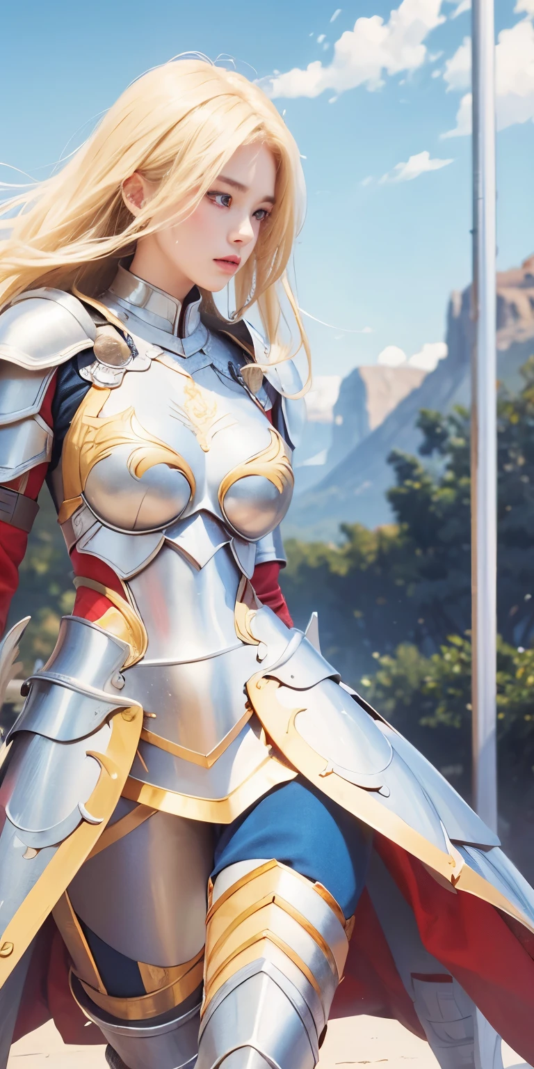 1girl,big breast, blonde hair, red eyes,high quality, ultra detailed, masterpiece, realistic, armor 