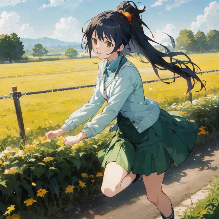 anime girl running in a field of flowers, the anime girl is running, anime visual of a cute girl, official artwork, rin, arte koto no ha no niwa, official art, anime moe artstyle, iwakura lain, smooth anime cg art, anime best girl, official anime artwork, ( ( makoto shinkai ) )