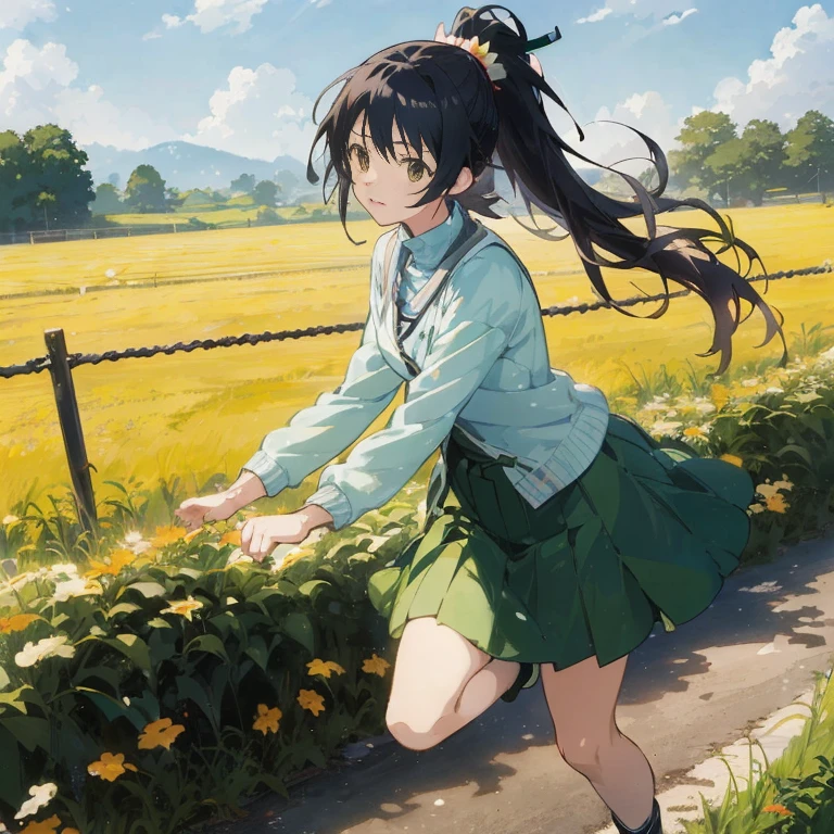 anime girl running in a field of flowers, the anime girl is running, anime visual of a cute girl, official artwork, rin, arte koto no ha no niwa, official art, anime moe artstyle, iwakura lain, smooth anime cg art, anime best girl, official anime artwork, ( ( makoto shinkai ) )