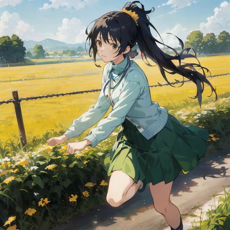 anime girl running in a field of flowers, the anime girl is running, anime visual of a cute girl, official artwork, rin, arte koto no ha no niwa, official art, anime moe artstyle, iwakura lain, smooth anime cg art, anime best girl, official anime artwork, ( ( makoto shinkai ) )