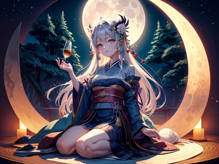 first-class、masterpiece、detailed illustrations、(((beautiful night)))、(((Beautiful God、goddess of the moon)))、(((old japanese god)))、(((mysterious、Spiritual)))、((full body shot))、(((full moon night)))、((Drinking alcohol))、((Yamanaka))、silence、Tsukuyomison、god of death、Siva、precious、Spirituality、Supreme God、dark forest、dignity、soul、late night、Cross-legged、front shot、