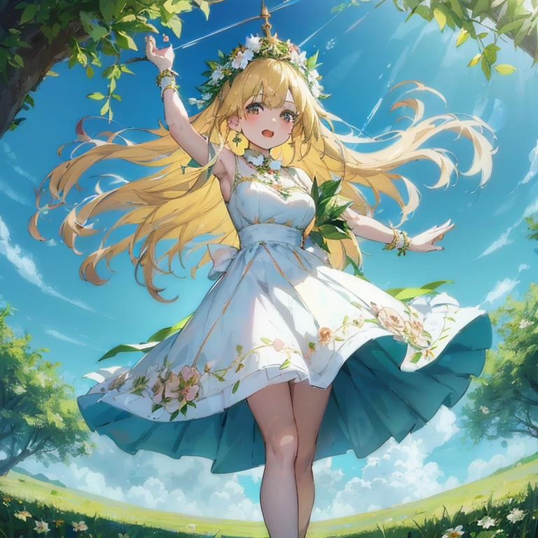 a woman in a white dress is standing in a field, loli in dress, cute anime waifu in a nice dress, splash art anime loli, goddess of summer, mana in the air, anime goddess, blonde anime girl with long hair, the goddess of summer, cushart krenz key art feminine, detailed key anime art