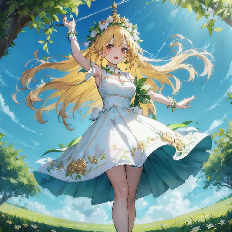 a woman in a white dress is standing in a field, loli in dress, cute anime waifu in a nice dress, splash art anime loli, goddess of summer, mana in the air, anime goddess, blonde anime girl with long hair, the goddess of summer, cushart krenz key art feminine, detailed key anime art