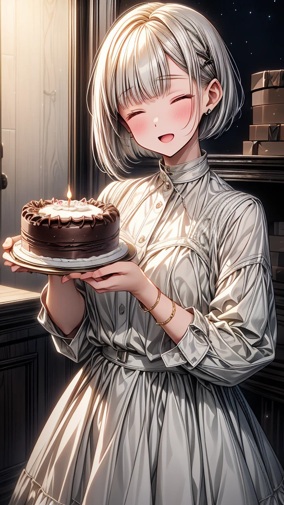 (masterpiece),1 girl with white bob cut hair and right bags pony hair,closed eyes,open mouth,slightly blush,night room background,happy,hold a birthday cake.