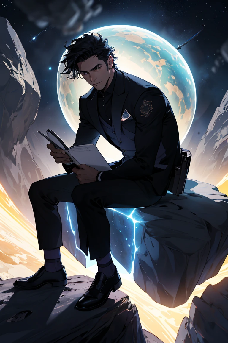 Draw a young psychologist, sitting on a research platform floating in the middle of an asteroid belt. He is studying with a notebook, rodeado de varios asteroides que brillan con auras ardientes. Dramatic lighting from distant stars and planets illuminates the scene, proyectando sombras profundas en el traje. El joven parece confiado y decidido, Mirando el vasto y misterioso universo con asombro y respeto,vello facial, tez de piel oscura, tiro de vaquero, traje semielegante, ojos abiertos.