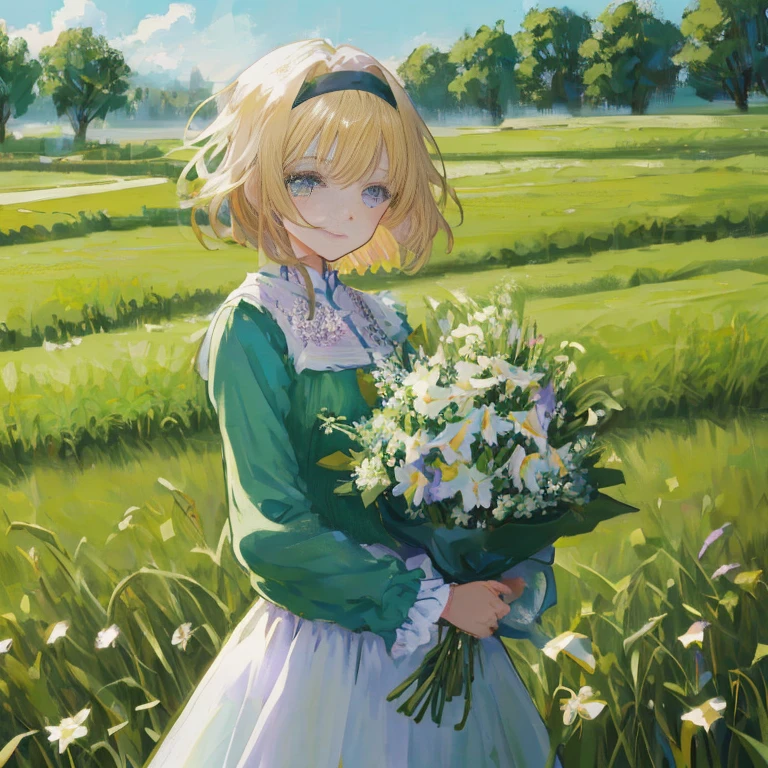 anime girl with flowers in a field of grass, violet evergarden, in a field of flowers, loli in dress, rin, with flowers, anime visual of a cute girl, spring day, guweiz on pixiv artstation, in a field with flowers, made with anime painter studio, loli, official art, in a open green field, holding flowers