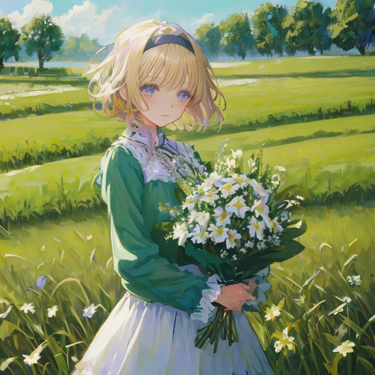 anime girl with flowers in a field of grass, violet evergarden, in a field of flowers, loli in dress, rin, with flowers, anime visual of a cute girl, spring day, guweiz on pixiv artstation, in a field with flowers, made with anime painter studio, loli, official art, in a open green field, holding flowers