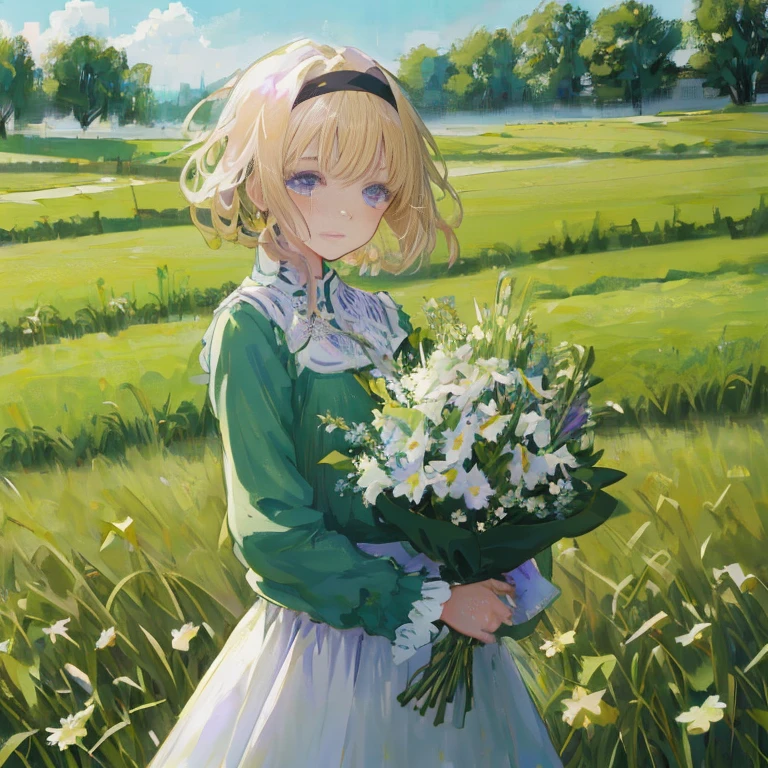 anime girl with flowers in a field of grass, violet evergarden, in a field of flowers, loli in dress, rin, with flowers, anime visual of a cute girl, spring day, guweiz on pixiv artstation, in a field with flowers, made with anime painter studio, loli, official art, in a open green field, holding flowers