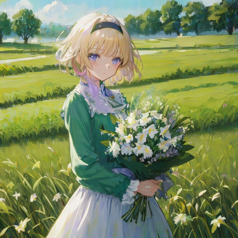 anime girl with flowers in a field of grass, violet evergarden, in a field of flowers, in dress, rin, with flowers, anime visual of a cute girl, spring day, guweiz on pixiv artstation, in a field with flowers, made with anime painter studio, lolificial art, in a open green field, holding flowers
