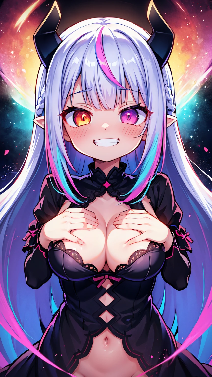 (((1girl))), anime girl with pink eyes and long hair in a dark room, evil smile and glowing eyes, with red glowing eyes, with glowing eyes, with glowing red eyes, (((grinning evilly))), glowing eyes everywhere, malevolent smile, evil grin, evil smile, anime monster girl, demon, yandere intricate, {{masterpiece}}, best quality, extremely detailed CG unity 8k wallpaper, cinematic lighting, lens flare, beautiful detail eyes, black, lingerie, white lace bra, multicolored hair, colorful light, particles, heterochromia, (colorful:1.5), (colorful hair:1.5), 