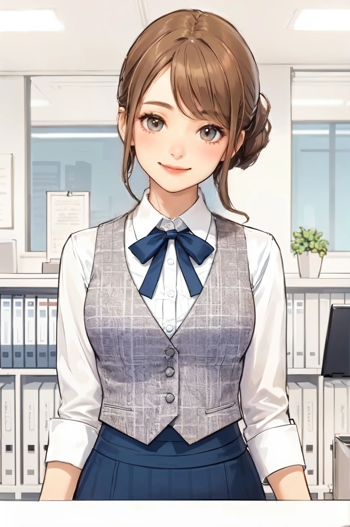 1lady standing, office worker, receptionist, (vest with white and gray checks:1.2) (navy pencil skirt) bowtie, mature female, /(brown hair/) bangs, blush kind smile, (masterpiece best quality:1.2) delicate illustration ultra-detailed, large breasts BREAK (modern office indoors), window cityscape, detailed background