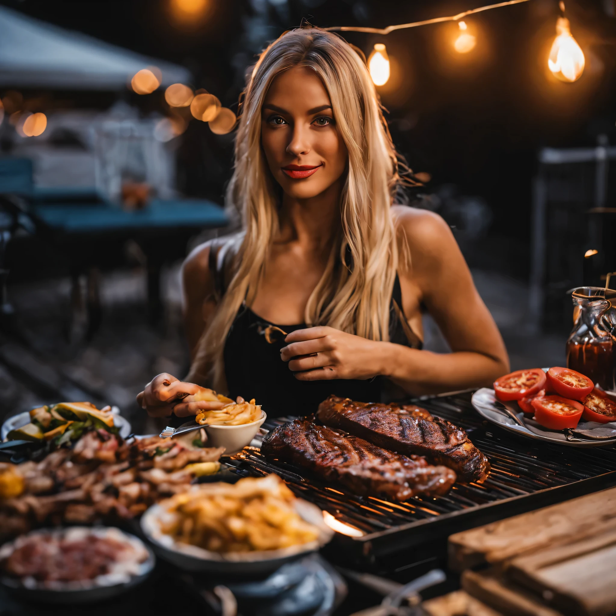 night shot of side pose of a beautiful Instagram influencer, 24 years old, front face, look in the camera, Long blonde hair, beautiful dark green eyes, European, perfect figure, extremely pretty, make bbq, grilling, flames, smoke, steak, meat, realistic skin texture, realistic photography, no hands, steak grilling, nice hands, only 5 figners, nice hand