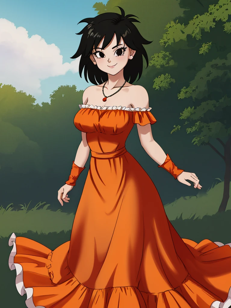 Gine as a flamenco dancer, masterpiece, best quality, ultra detailed, 8k, 4k, half body, cowboy shot, Gine, 1 girl, solo, smile, looking at viewer, full body, black hair, short hair, holding her skirt, bare shoulder, bare arms, medium breast, necklace, seductive, strapless, a flamenco dress, orange ruffle off the shoulder attire, orange off the shoulder top, black maxi dress, field and forest, sunny day.