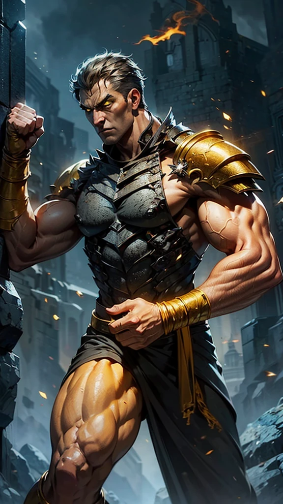 Man with very bright yellow eyes and burning body with closed fists and large arms and stone skin very furious with serious pose and arcane stone armor with stone scales and male shoulders fire and blazes and gray background