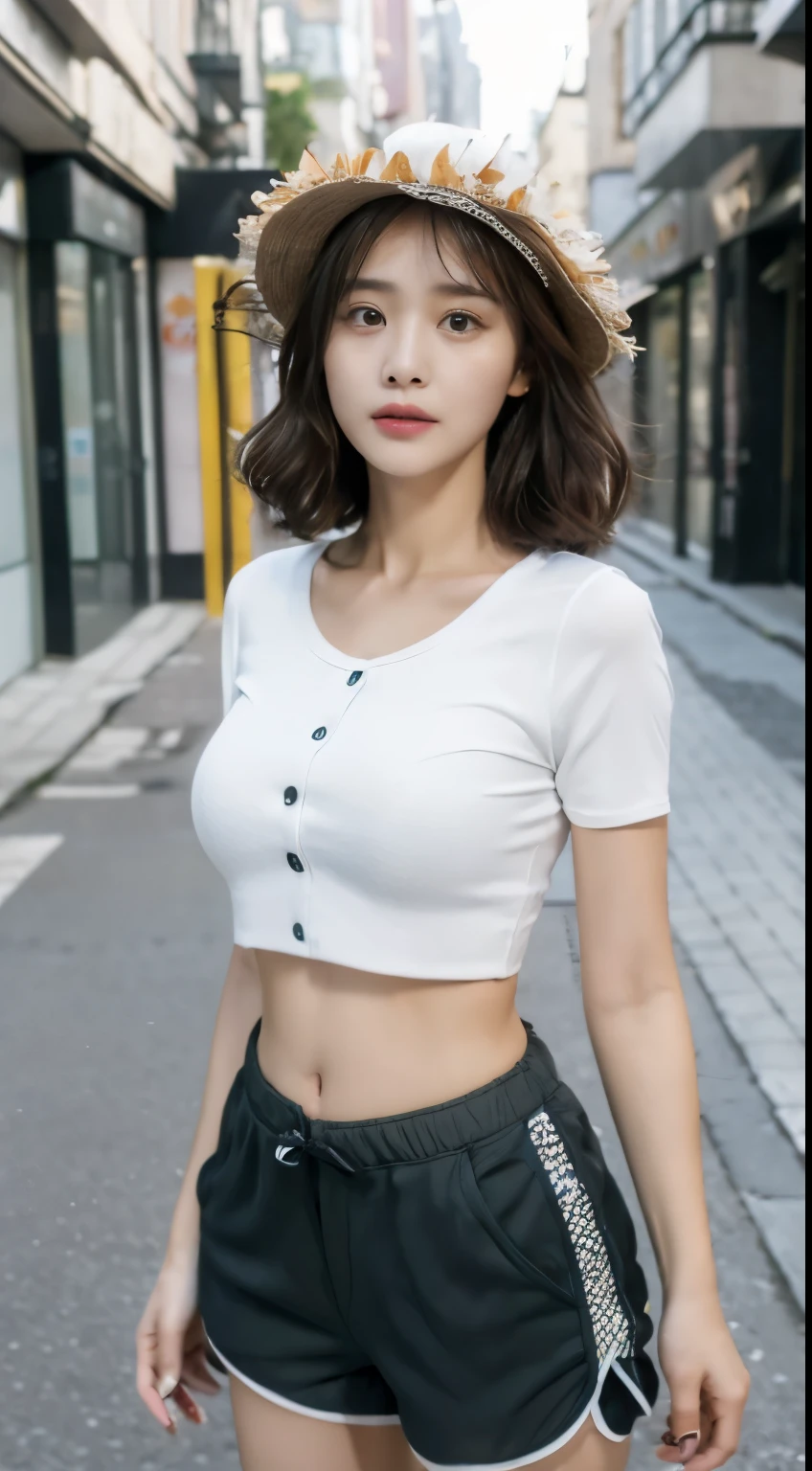 ((Best Quality, 8K, Masterpiece: 1.3)), (Flower Hat: 1.3), Focus: 1.2, Perfect Body Beauty: 1.4, Buttocks: 1.2, (Layered Haircut: 1.2)), (Dark Street: 1.3), Highly detailed face and skin texture, Full body, Fine eyes, Double eyelids, Whitened skin, Long hair, (Round face: 1.5), (Loose crop top, Shorts: 1.6) cleavage prominent pleated skirt Big breasts leaking long legall))