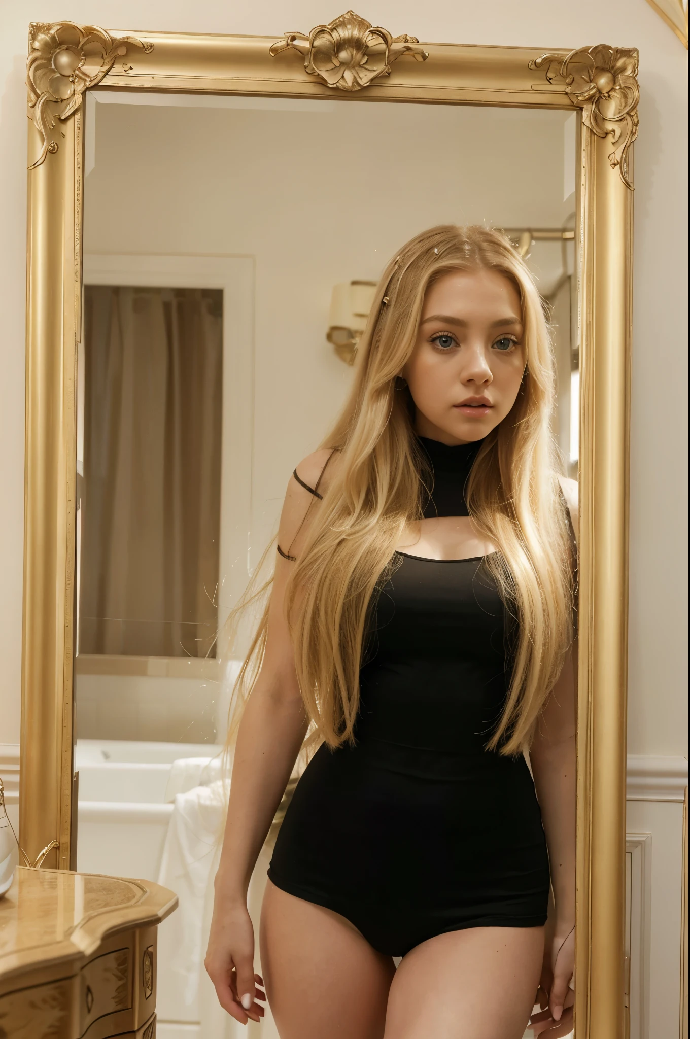 a close up of a woman with long blonde hair standing in front of a mirror, she has blond hair, blonde hair and large eyes, sydney sweeney, long blonde hair and large eyes, kailee mandel, taken in the early 2020s, katherine mcnamara inspired, long blonde hair and big eyes, leaked image, tiktok video, ana de armas