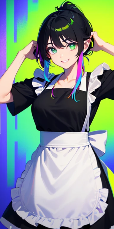 (black hair,colorful fluorescence multicolored  hair:1.5,ponytail:1.5), (masterpiece, sidelights, exquisite beautiful eyes: 1.5), masterpiece*portrait, realistic, ((Colorful background of different colors:1.5)),(Gentle face:1.5),colorful,3D face,(cute face),front view: 1.6、((put both hands on one's head:1.5))、 (glowing green eyes:1.2),(tareme:1.5)、(cute smile:1.5),,Slim Body, shiny hair, shiny skin: 1.5、medium breasts,、solo,(stand)、(apron:1.5)、(charactor focus:1.5、portlate、eye focus,cowboy shot)、bright atmosphere,intricatedetails