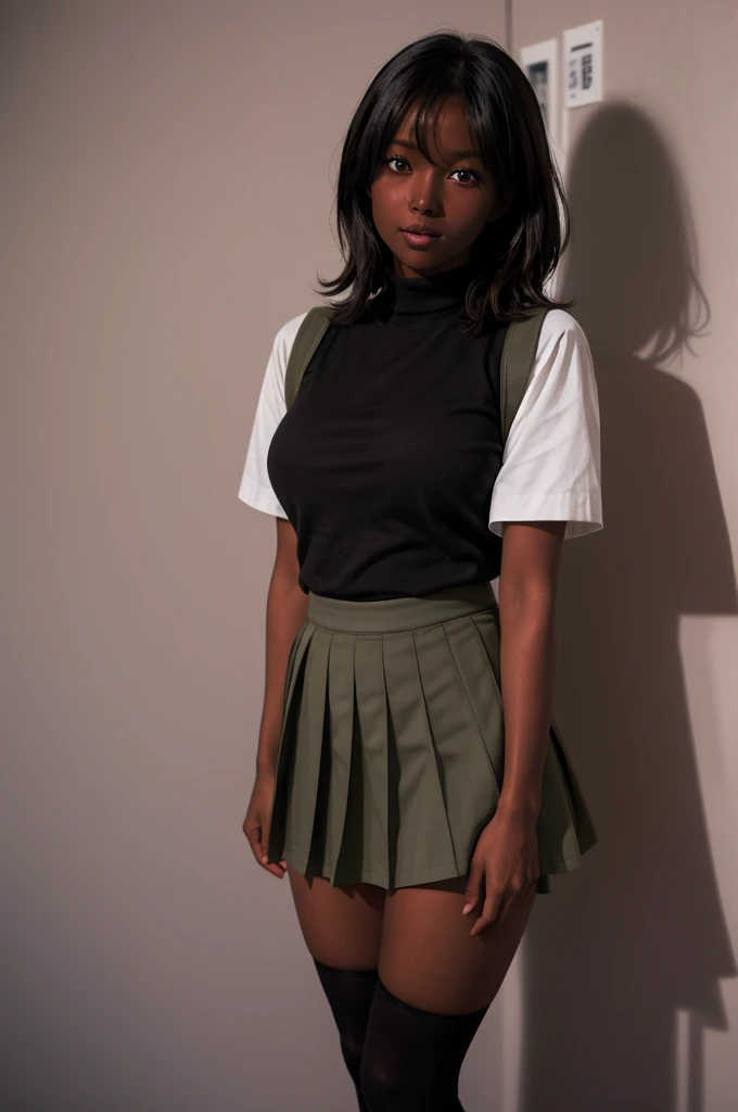 (8k ultra HD quality, best quality, art, high quality, perfect light, absurd, ultra detailed: 1.21, woman, alone, dark-skinned woman, black hair, dark skin, big breasts, sexy, Japanese school costume, portrait, black knee-high socks, sexy student, parted lips, dark eyes, looking at viewer, Japan street background, huge breasts, small sample, sexy, olive skin, dark skin, holding breasts, wallpaper, short skirt, high school girl sexy.