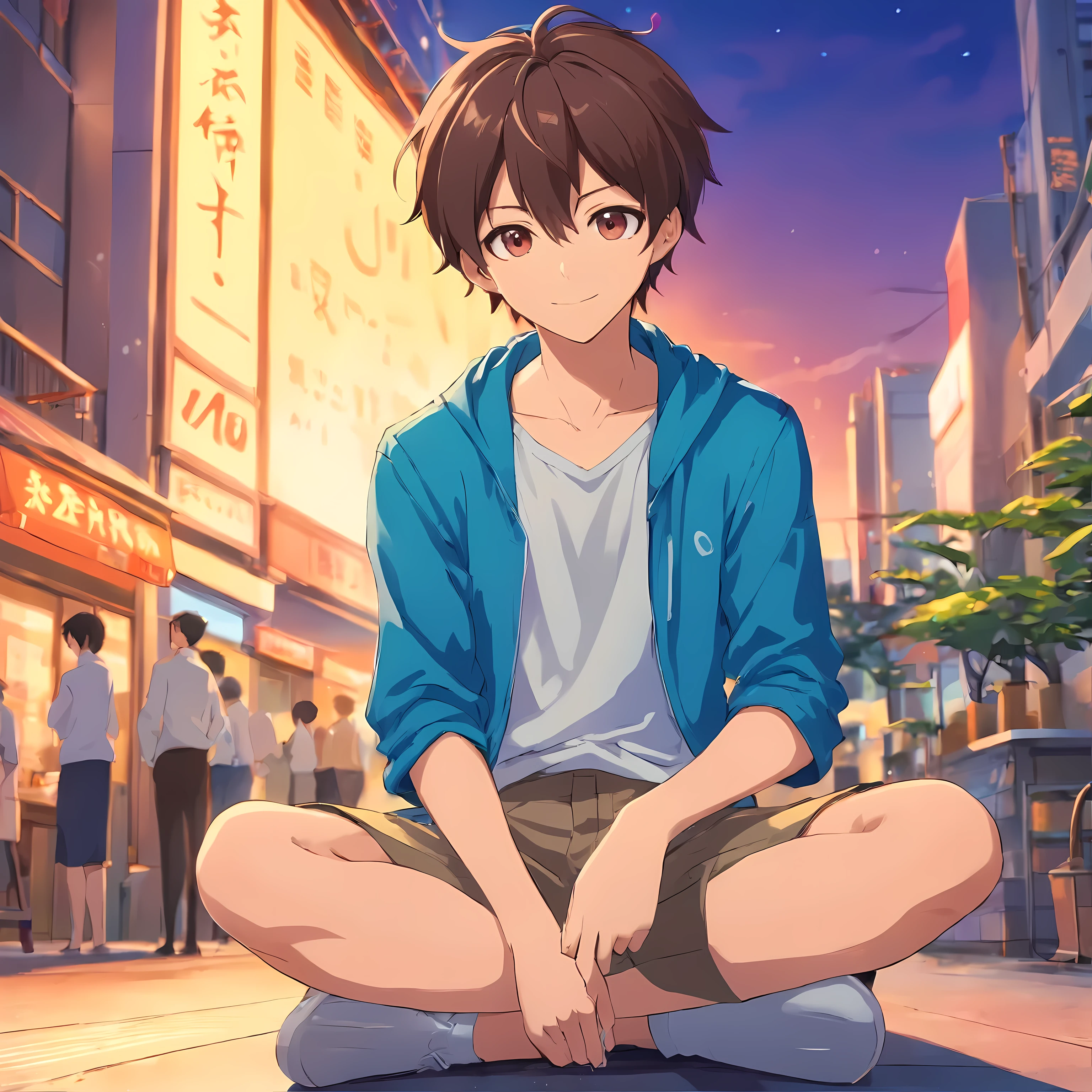 male，incarnation anime style，Distinctive exaggerated facial features and clothing，sitting、whole body，Body protruding against a backlit background，high contrast colors，4K HD quality，young，smile，good looking