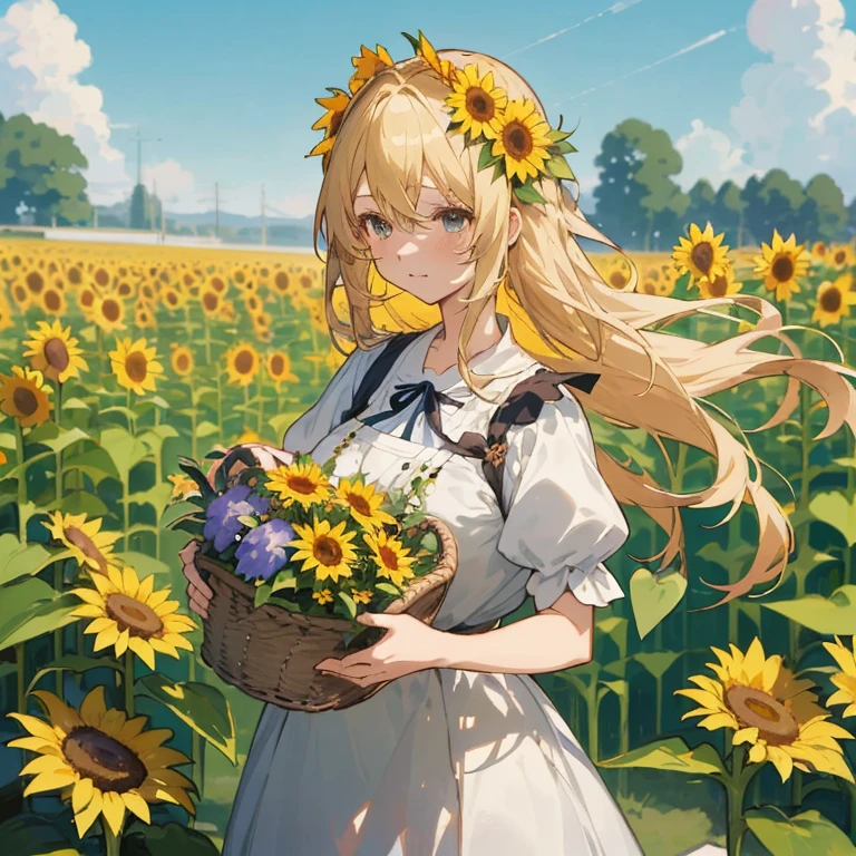 anime girl with flowers in her hair holding a basket of flowers, anime visual of a cute girl, violet evergarden, blonde anime girl with long hair, beautiful sunflower anime girl, loli in dress, in a field of flowers, anime best girl, beautiful anime girl, beautiful maiden, carrying flowers, cute anime girl, beautiful anime portrait, with flowers