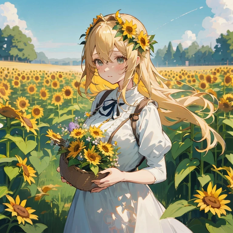 anime girl with flowers in her hair holding a basket of flowers, anime visual of a cute girl, violet evergarden, blonde anime girl with long hair, beautiful sunflower anime girl, loli in dress, in a field of flowers, anime best girl, beautiful anime girl, beautiful maiden, carrying flowers, cute anime girl, beautiful anime portrait, with flowers