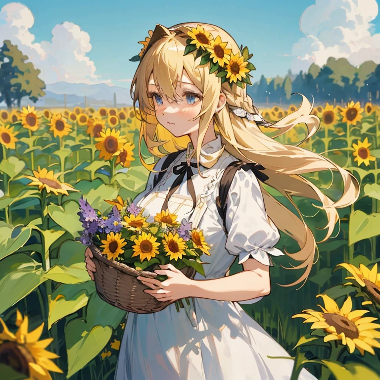 anime girl with flowers in her hair holding a basket of flowers, anime visual of a cute girl, violet evergarden, blonde anime girl with long hair, beautiful sunflower anime girl, loli in dress, in a field of flowers, anime best girl, beautiful anime girl, beautiful maiden, carrying flowers, cute anime girl, beautiful anime portrait, with flowers