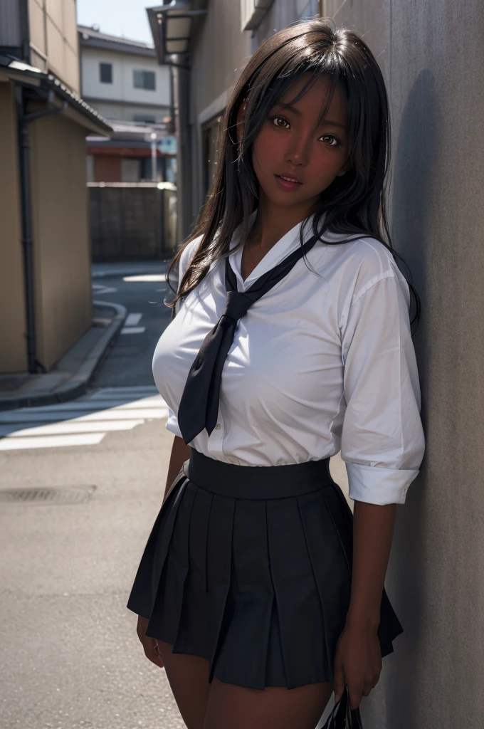 (8k ultra HD quality, best quality, art, high quality, perfect light, absurd, ultra detailed: 1.21, woman, alone, dark-skinned woman, black hair, dark skin, big breasts, sexy, Japanese school costume, portrait, black knee-high socks, sexy student, parted lips, dark eyes, looking at viewer, Japan street background, huge breasts, small sample, sexy, olive skin, dark skin, holding breasts, wallpaper, short skirt, high school girl sexy.