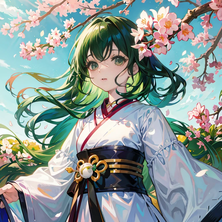anime girl with green hair and white dress standing in front of a tree, inspired by Nishikawa Sukenobu, official artwork, anime style 4 k, beautiful anime portrait, best anime 4k konachan wallpaper, sakura petals around her, official art, anime visual of a cute girl, anime portrait of shiina ringo, anime art wallpaper 8 k