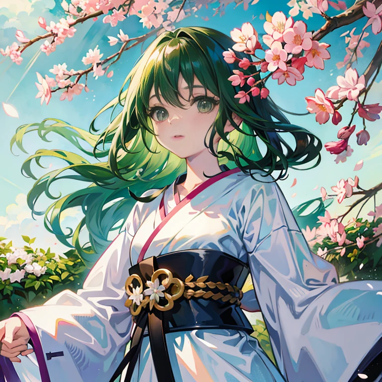 anime girl with green hair and white dress standing in front of a tree, inspired by Nishikawa Sukenobu, official artwork, anime style 4 k, beautiful anime portrait, best anime 4k konachan wallpaper, sakura petals around her, official art, anime visual of a cute girl, anime portrait of shiina ringo, anime art wallpaper 8 k