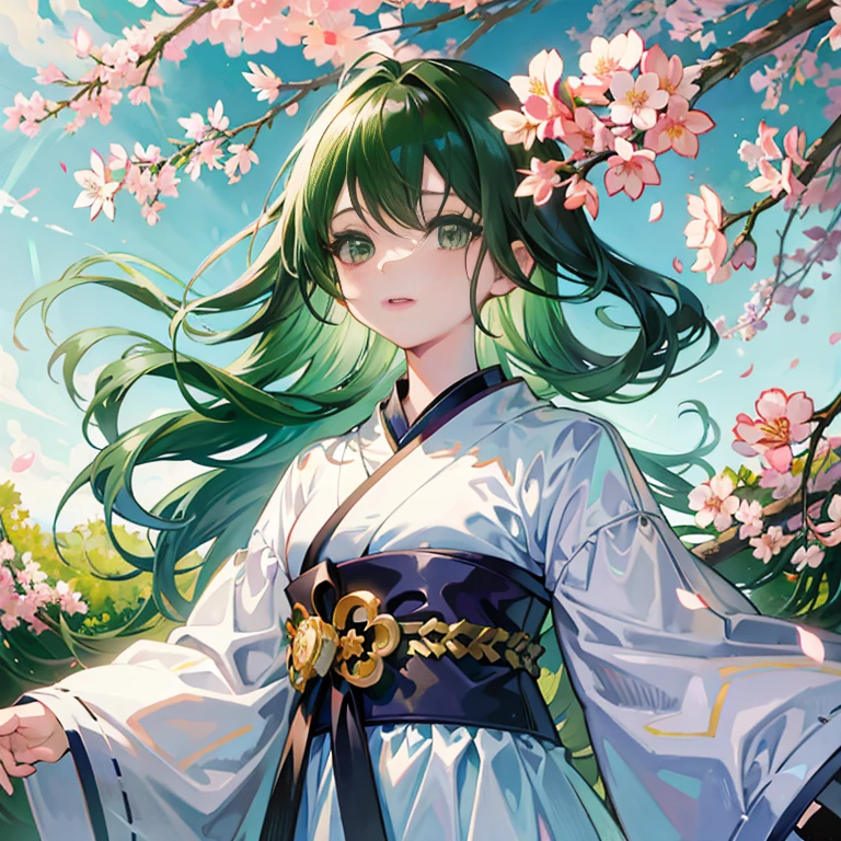 anime girl with green hair and white dress standing in front of a tree, inspired by Nishikawa Sukenobu, official artwork, anime style 4 k, beautiful anime portrait, best anime 4k konachan wallpaper, sakura petals around her, official art, anime visual of a cute girl, anime portrait of shiina ringo, anime art wallpaper 8 k