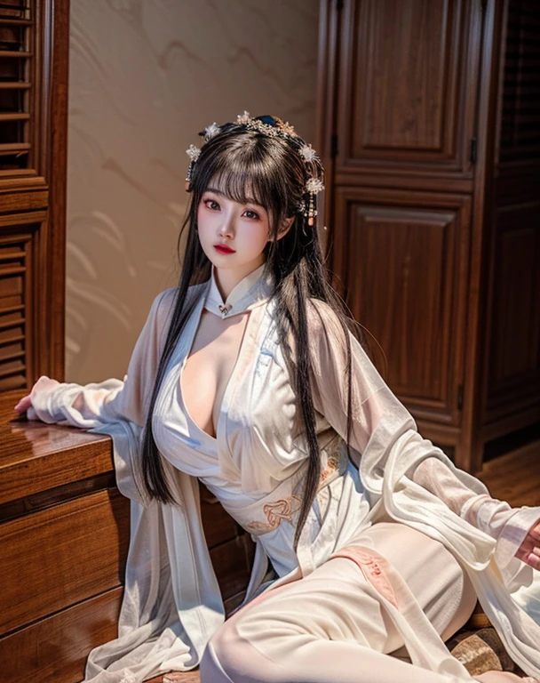 (8k, RAW photo, best quality, masterpiece: 1.2), (realistic, photo-realistic: 1.4), (highly detailed 8k unity CG wallpaper), 1 solo girl, sitting photo pose, transparent long dunhuang_lingerie, very big breasts, dunhuang_style , seductive, kitchen dunhuang_background.