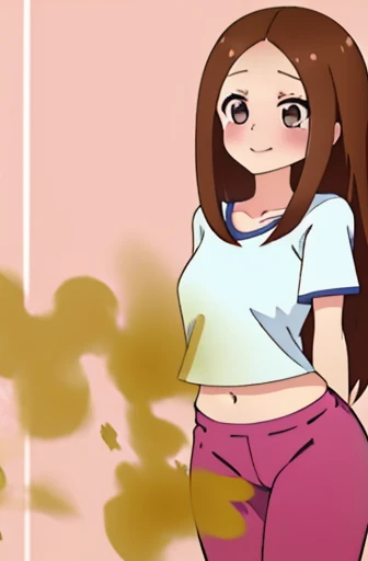 (real)、(photorealistic)、Ms. Takagi、1 woman、Height: 155cm、long hair、brown hair、bangs parting、brown eyes、White crop top、(belly exposed)、pink training pants、Black sneakers、amount、smile、muste piece、whole body、highest quality、volume light、Highly detailed CG Unity 8K wallpaper、The background is a dance studio、Light、Fantasia、Magic Spark、women stink、????、shyness、blush、Gas comes out of the butt、Tense the face、sweaty、whole body写真