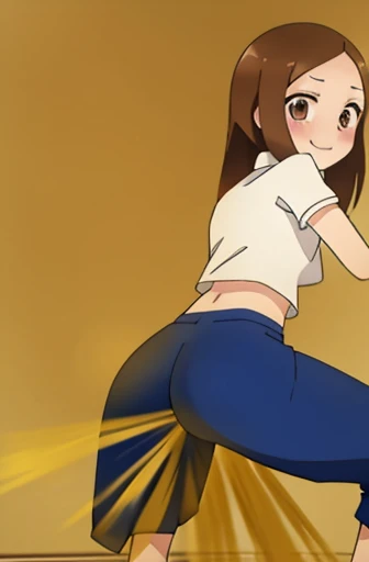 (real)、(photorealistic)、Ms. Takagi、1 woman、Height: 155cm、long hair、brown hair、bangs parting、brown eyes、White crop top、(belly exposed)、pink training pants、Black sneakers、amount、smile、muste piece、whole body、highest quality、volume light、Highly detailed CG Unity 8K wallpaper、The background is a dance studio、Light、Fantasia、Magic Spark、women stink、fart、shyness、blush、Gas comes out of the butt、Tense the face、sweaty、whole body写真