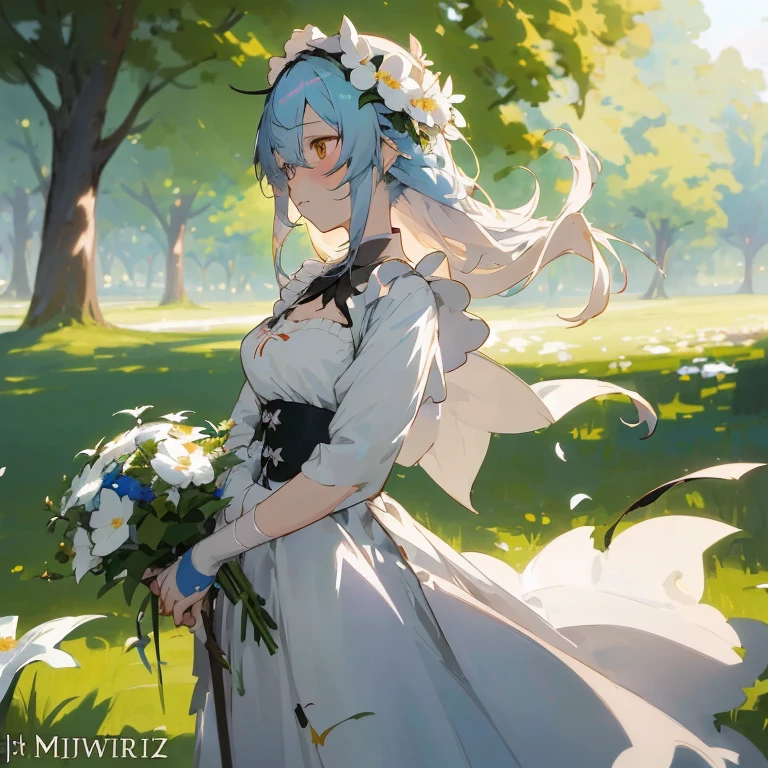 anime girl in a white dress with flowers in her hair, cute anime waifu in a nice dress, guweiz on pixiv artstation, beautiful maiden, guweiz, from girls frontline, guweiz on artstation pixiv, a maid in a magical forest, fine details. girls frontline, artwork in the style of guweiz