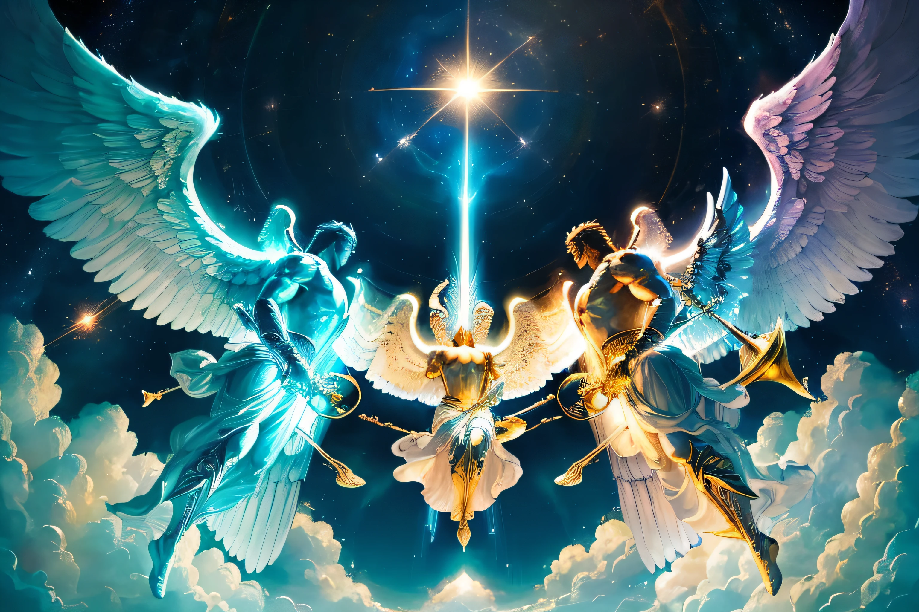 a centered, WIDE ANGLE PHOTO celestial realm ((three majestic and powerful male angels soar gracefully on huge wings)), their divine presence illuminated by celestial light. (((Each angel wields a magnificent trumpet))), poised to deliver a resounding call. Their awe-inspiring wingspan spans across the heavens, exuding an aura of strength and authority.