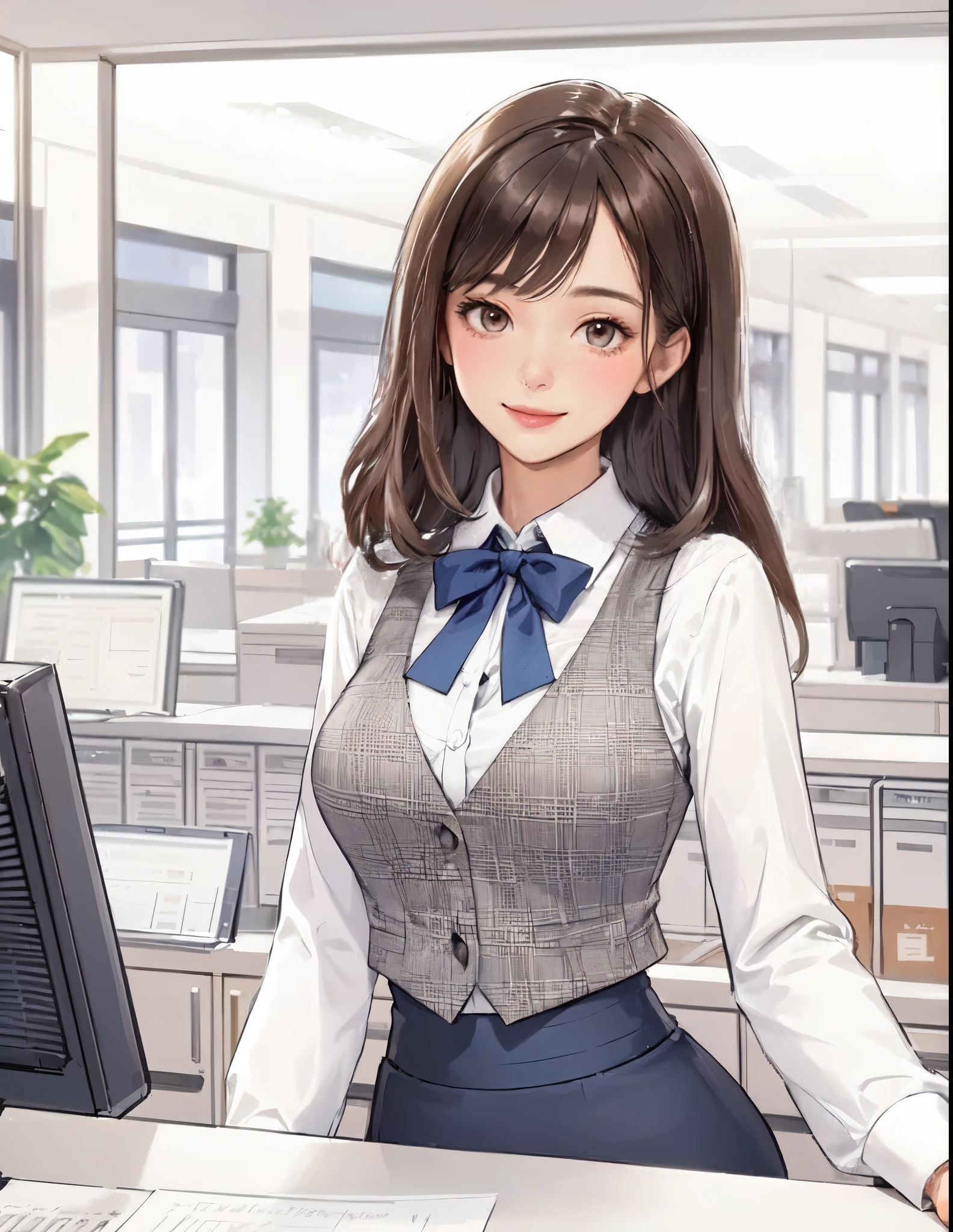1lady standing, office worker, receptionist, (vest with white and gray checks:1.2) (navy pencil skirt) bowtie, mature female, /(dark brown hair/) bangs, blush kind smile, (masterpiece best quality:1.2) delicate illustration ultra-detailed, large breasts BREAK (modern office indoors), window cityscape, detailed background