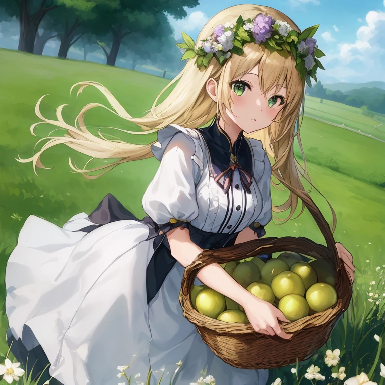 anime girl with a basket of apples in a field, a maid in a magical forest, loli in dress, guweiz, anime visual of a cute girl, violet evergarden, anime girl in a maid costume, guweiz on pixiv artstation, cute anime waifu in a nice dress, shirabii, artwork in the style of guweiz