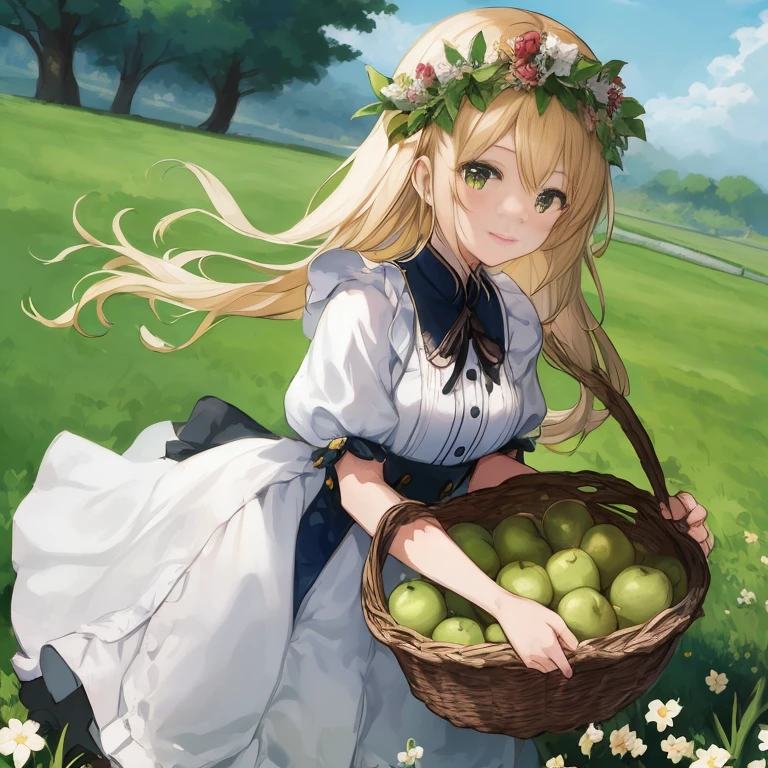 anime girl with a basket of apples in a field, a maid in a magical forest, in dress, guweiz, anime visual of a cute girl, violet evergarden, anime girl in a maid costume, guweiz on pixiv artstation, cute anime waifu in a nice dress, shirabii, artwork in the style of guweiz