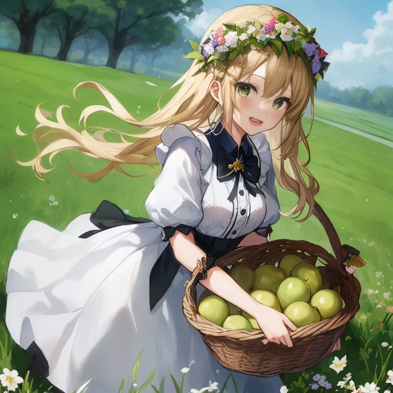 anime girl with a basket of apples in a field, a maid in a magical forest, loli in dress, guweiz, anime visual of a cute girl, violet evergarden, anime girl in a maid costume, guweiz on pixiv artstation, cute anime waifu in a nice dress, shirabii, artwork in the style of guweiz