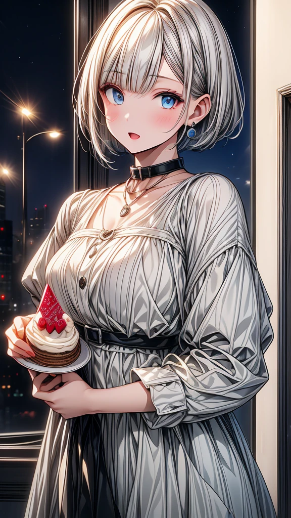 (masterpiece),1 girl with white bob cut hair and right bags side hair,blue eyes,open mouth,slightly blush,night room background,happy,hold a birthday cake.