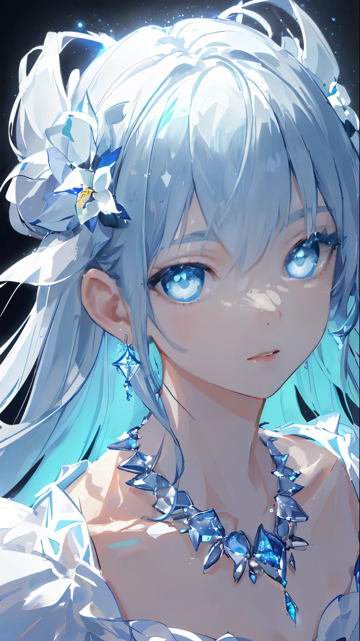 masterpiece,,illustration,Sax Blue,Platinum Earrings,Platinum Necklace,whiteskirt,1girl,cute,(动态Light:1.2),Light,Exquisite facial features,delicate eyes,sharp pupils,realistic pupil,depth of field,blur background,sharp focus,(Super detailed,Light晕,发Light:1.4),Many small gemstones