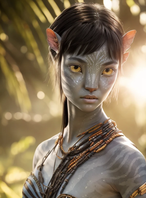 avtr:0.9, avatar style, portrait photo:1.6, 1girl:1, female, (asian, japanese), gray skin color:1.0, (gray skin tone:1.3), (short hair:1.0), black hair color, (teen), teenage, wearing tribal clothing, wearing a top:1, wearing a loincloth, detailed eyes, toned body, muscled body, glowing, ethereal atmosphere, natural lighting, textured skin, otherworldly beauty, mesmerizing photography, (best quality, highres), vivid colors, ultrarealistic, skin details, striped skin, sfw, face close-up, (eyebrowless:1.0), ultradetailed body