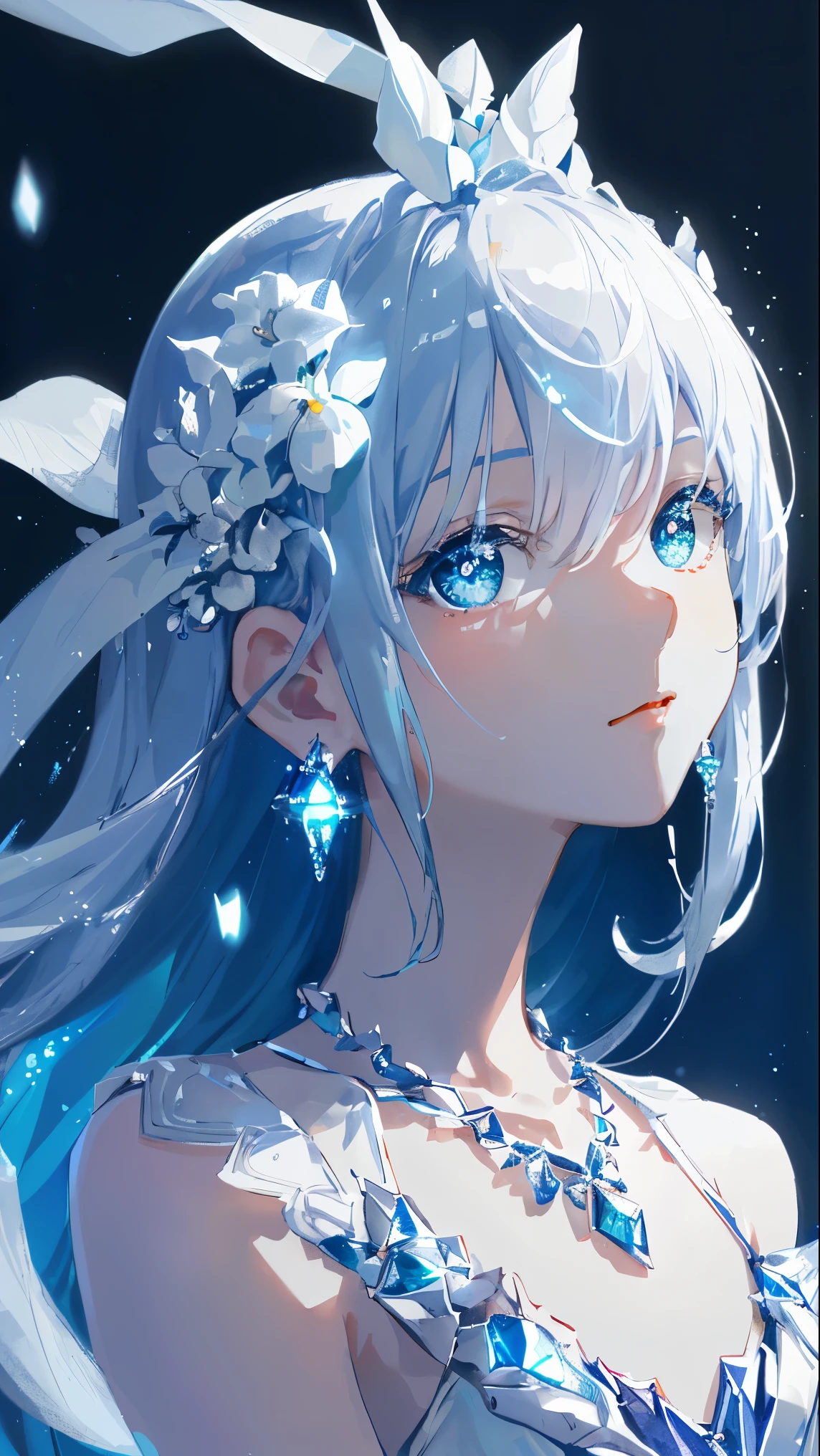 masterpiece，，illustration，Sax Blue，Platinum Earrings，Platinum Necklace，whiteskirt，1girl，cute，（动态Light：1.2），Light，Exquisite facial features，delicate eyes，sharp pupils，realistic pupil，depth of field，blur background，sharp focus，（Super detailed，Light晕，发Light：1.4），Many small gemstones