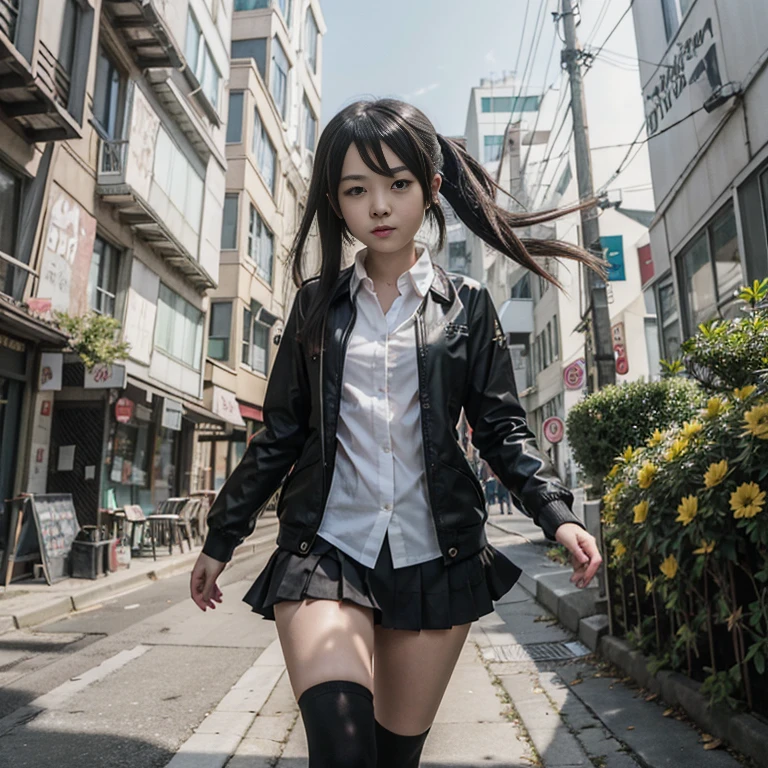 anime girl walking down a street with a black jacket and white shirt, 4k anime wallpaper, anime art wallpaper 8 k, anime style 4 k, anime art wallpaper 4k, anime art wallpaper 4 k, anime wallpaper 4k, anime wallpaper 4 k, best anime 4k konachan wallpaper, beautiful anime high school girl, ultra hd anime wallpaper