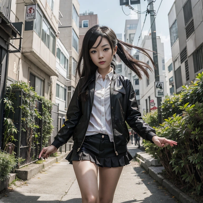anime girl walking down a street with a black jacket and white shirt, 4k anime wallpaper, anime art wallpaper 8 k, anime style 4 k, anime art wallpaper 4k, anime art wallpaper 4 k, anime wallpaper 4k, anime wallpaper 4 k, best anime 4k konachan wallpaper, beautiful anime high school girl, ultra hd anime wallpaper