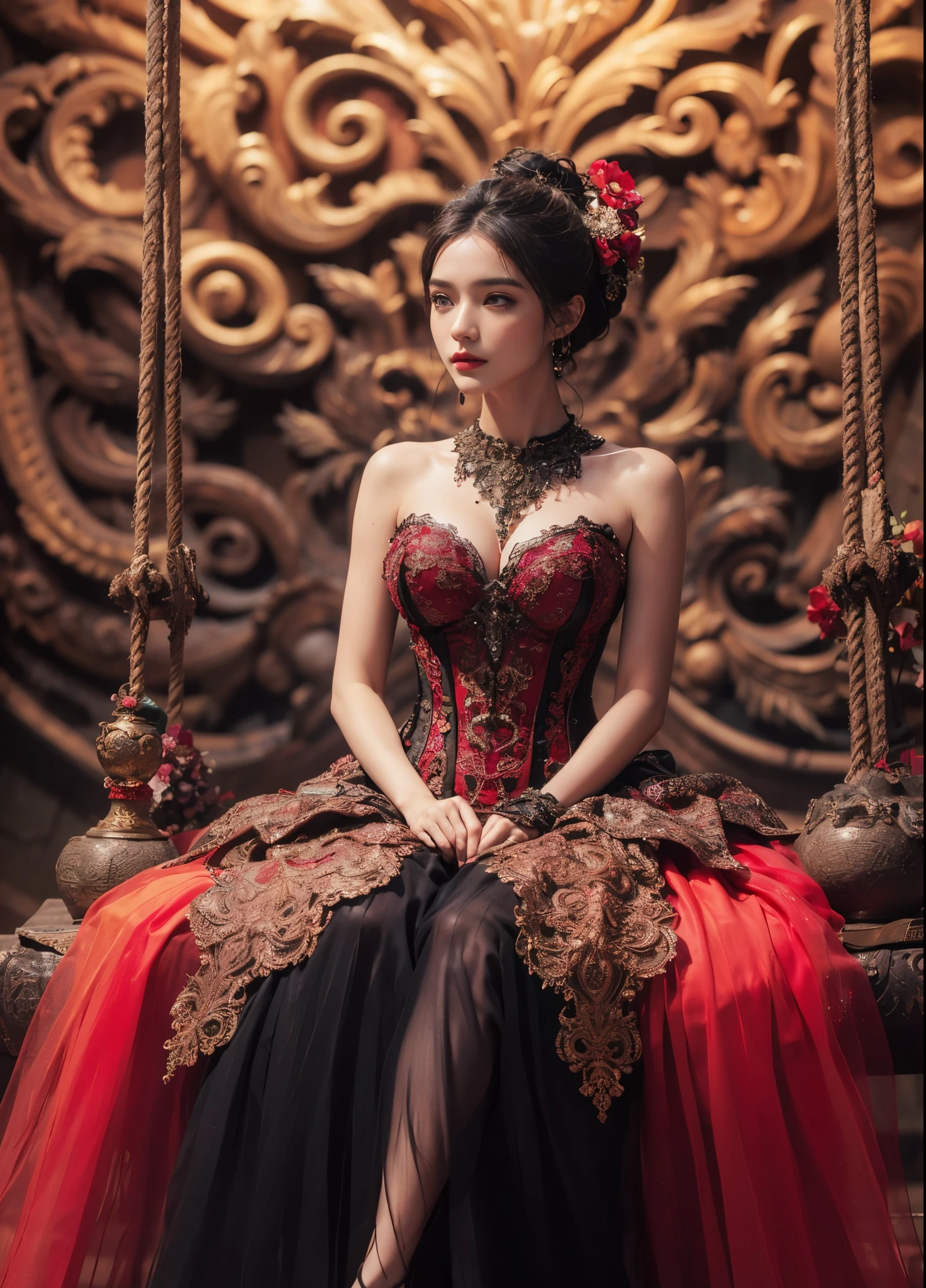 arafed woman with bustier gigantic breast in a corset and dress in front of a building, wearing an ornate outfit, ornate dress, intricate dress, elegant corset, ornate and elegant, extravagant dress, inspired by Hedi Xandt, ornate attire, intricate outfit, ornate royal gown, ornate clothing, ornate gown, intricate and elegant, intricate detailed dress, ornate , royal dress,  masterpiece, best quality:1.2),,(8k,highres,RAW photo,realistic,photo-realistic:1.3),(detailed skin texture,detailed cloth texture,beautiful detailed face:1.25),professional lighting,photon mapping,beautiful soft light,radiosity,physically-based rendering,raytracing, model shoot style, model shoot style, (extremely detailed CG unity 8k wallpaper), full shot body photo of the most beautiful artwork in the world,