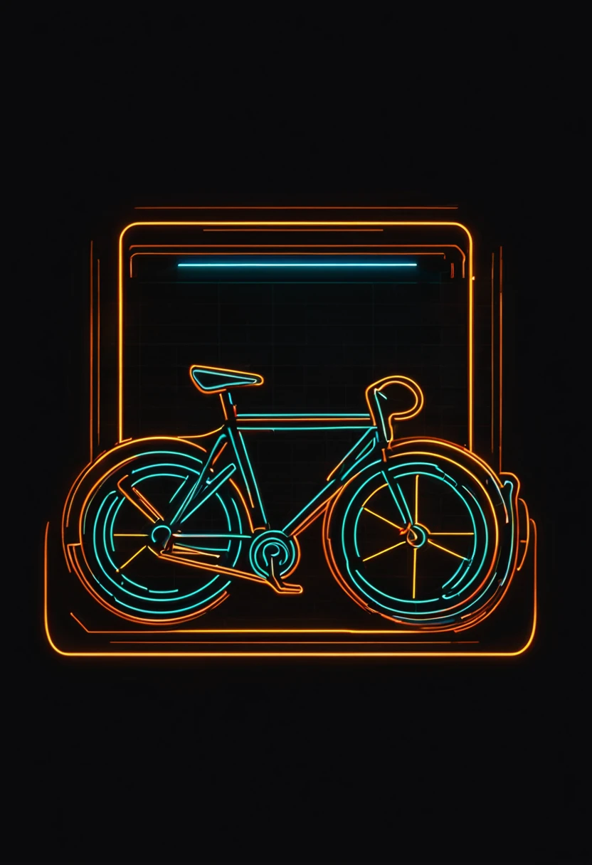 Outline logo of a oficina de bike, a glass ofciclisra, flat design, neon light, dark background